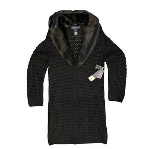Jones New York Women’s Removable Faux Fur Collar Black Cable Knit Cardigan SizeS